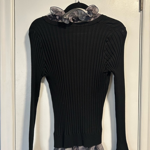 VINTAGE Black Ruffled Cardigan with Patterned Trim - Picture 3 of 3